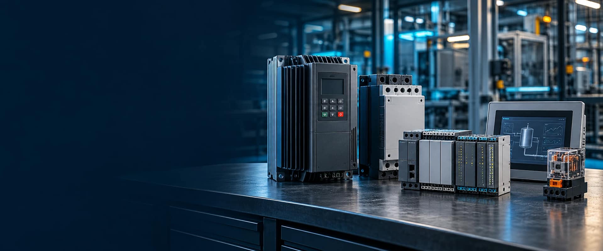 Industrial automation drives, PLC modules and HMI panel