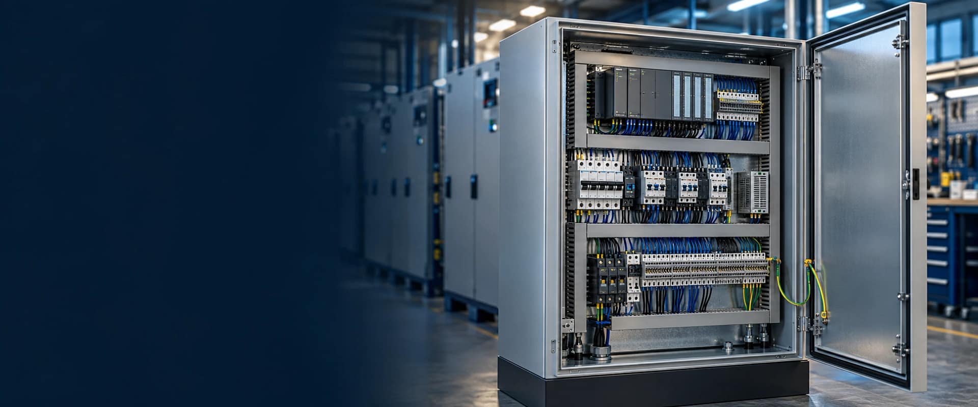 Industrial electrical control cabinet with PLC modules, contactors and neatly routed wiring